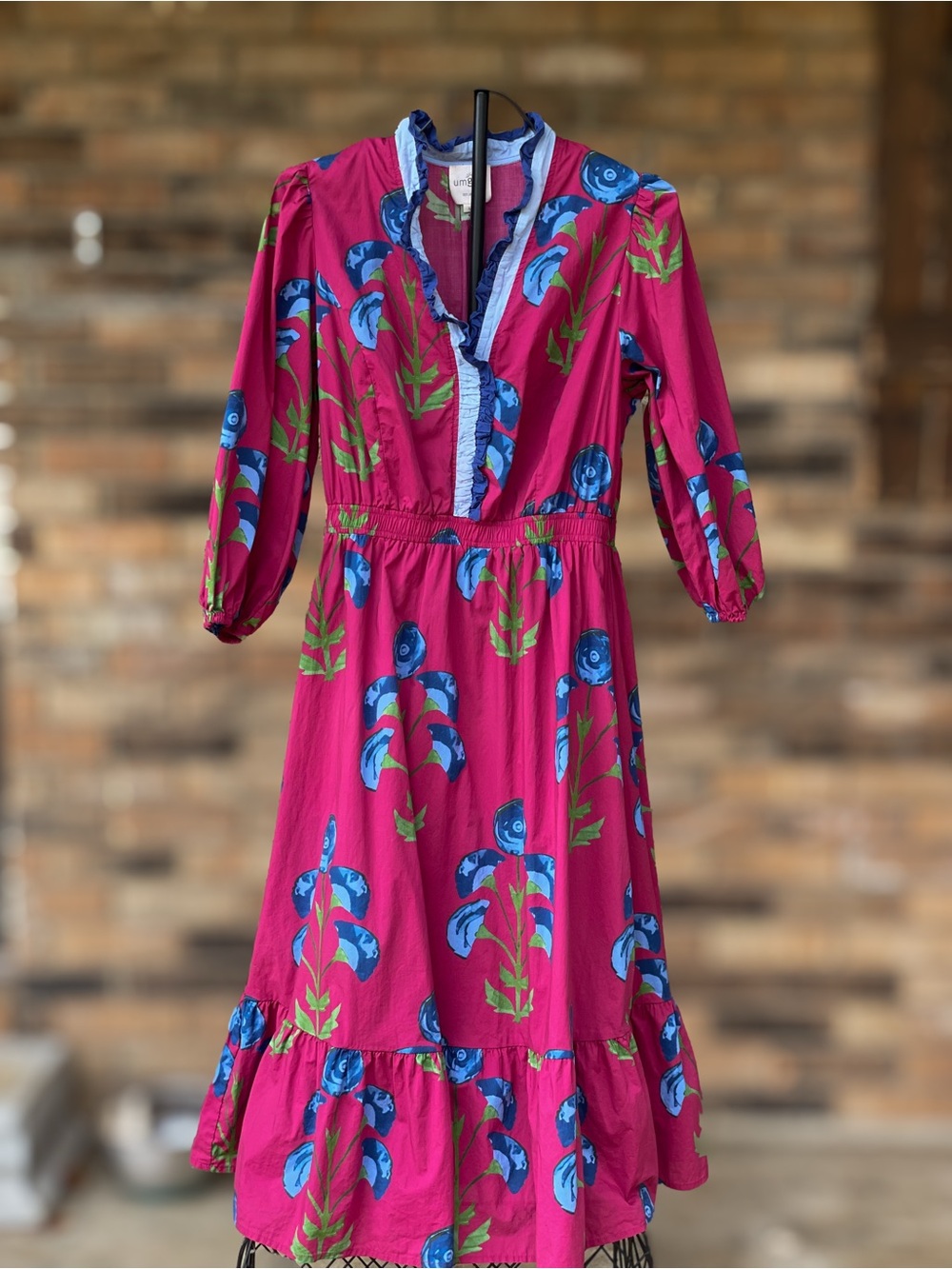 Umgee Berry Burgundy Blue Floral Ruffle Midi Dress Large
